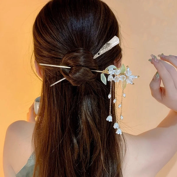 Elegant Chinese Style Hair Accessory Romantic Enameled Flower Tassel Hair Clip Alloy Jewelry Hairpin For Women Fashion Hairpin - Essence Active