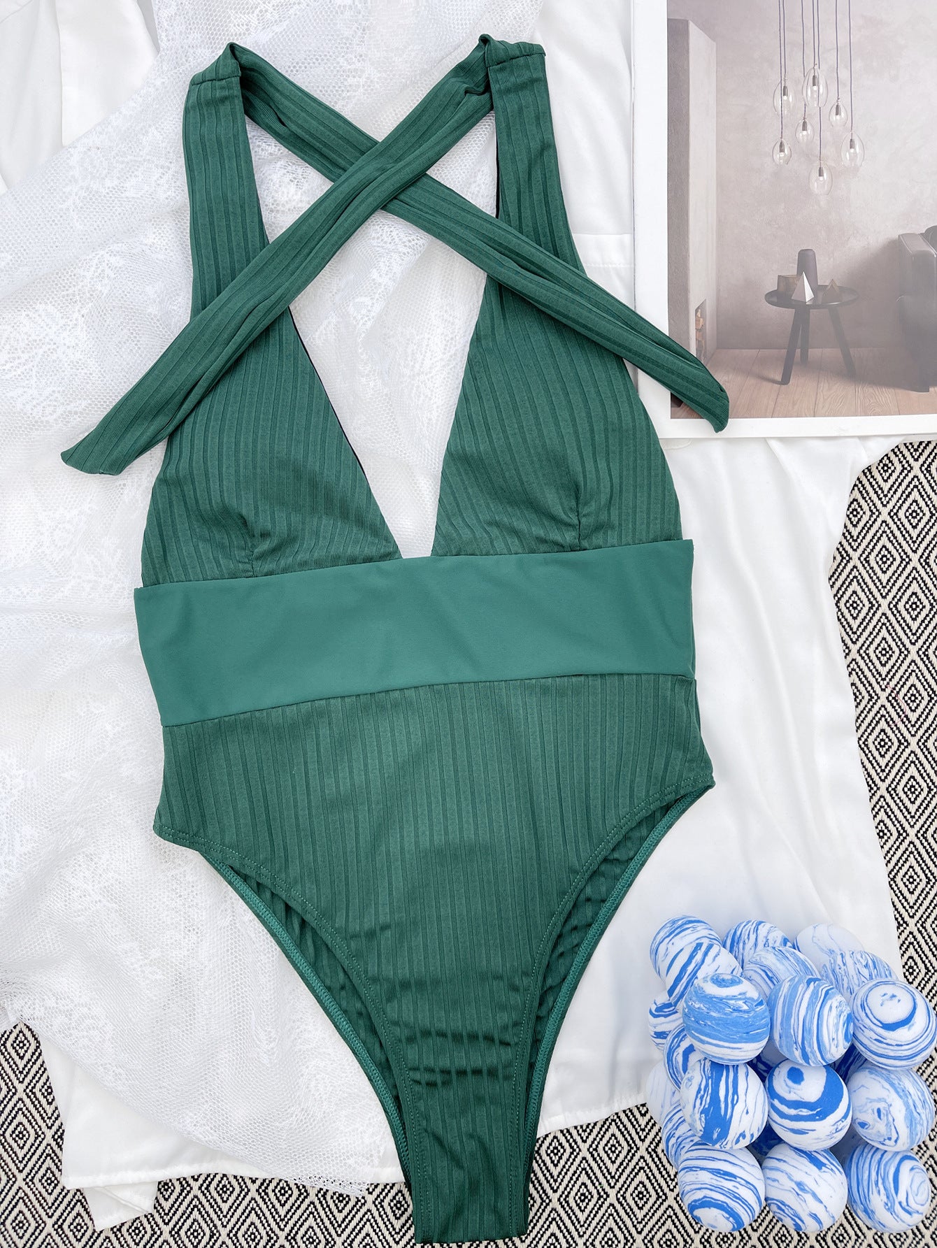 One-Piece Striped Patchwork Bikini Swimsuit