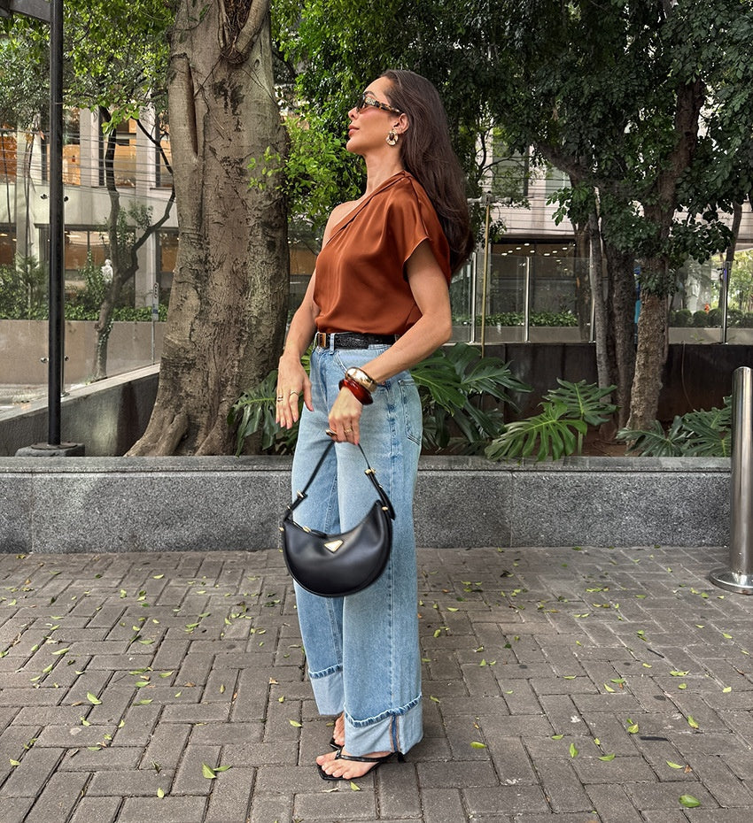 Women Fashion Irregular Collar Matte Top