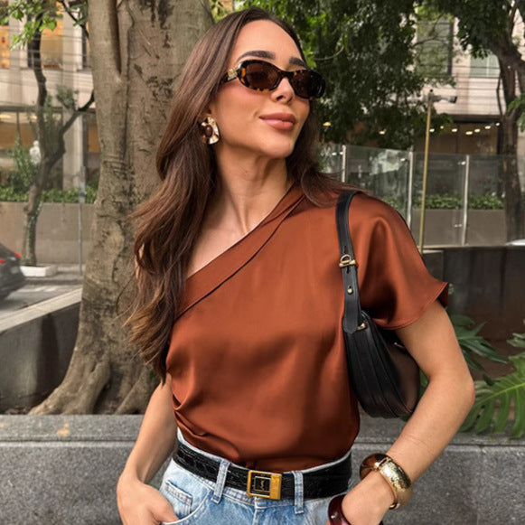 Women Fashion Irregular Collar Matte Top