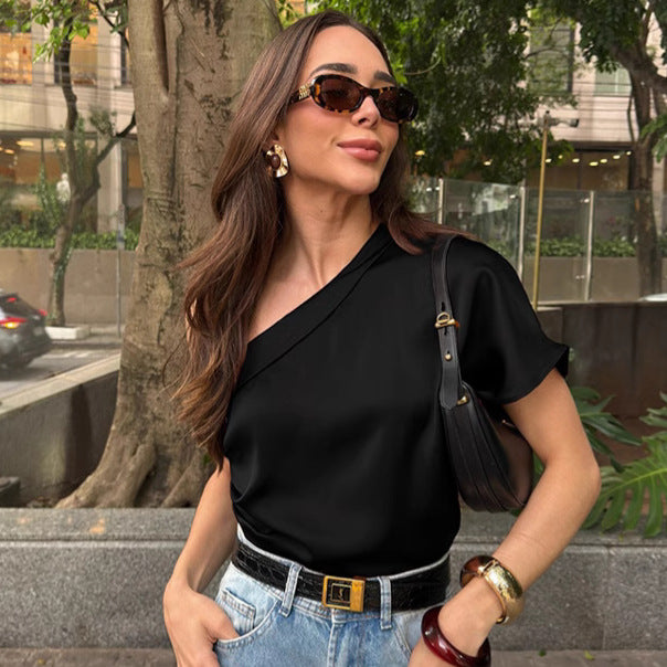 Women Fashion Irregular Collar Matte Top