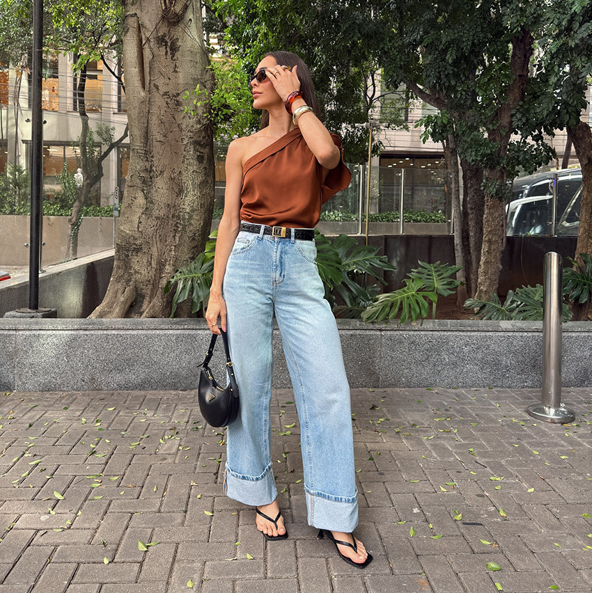Women Fashion Irregular Collar Matte Top
